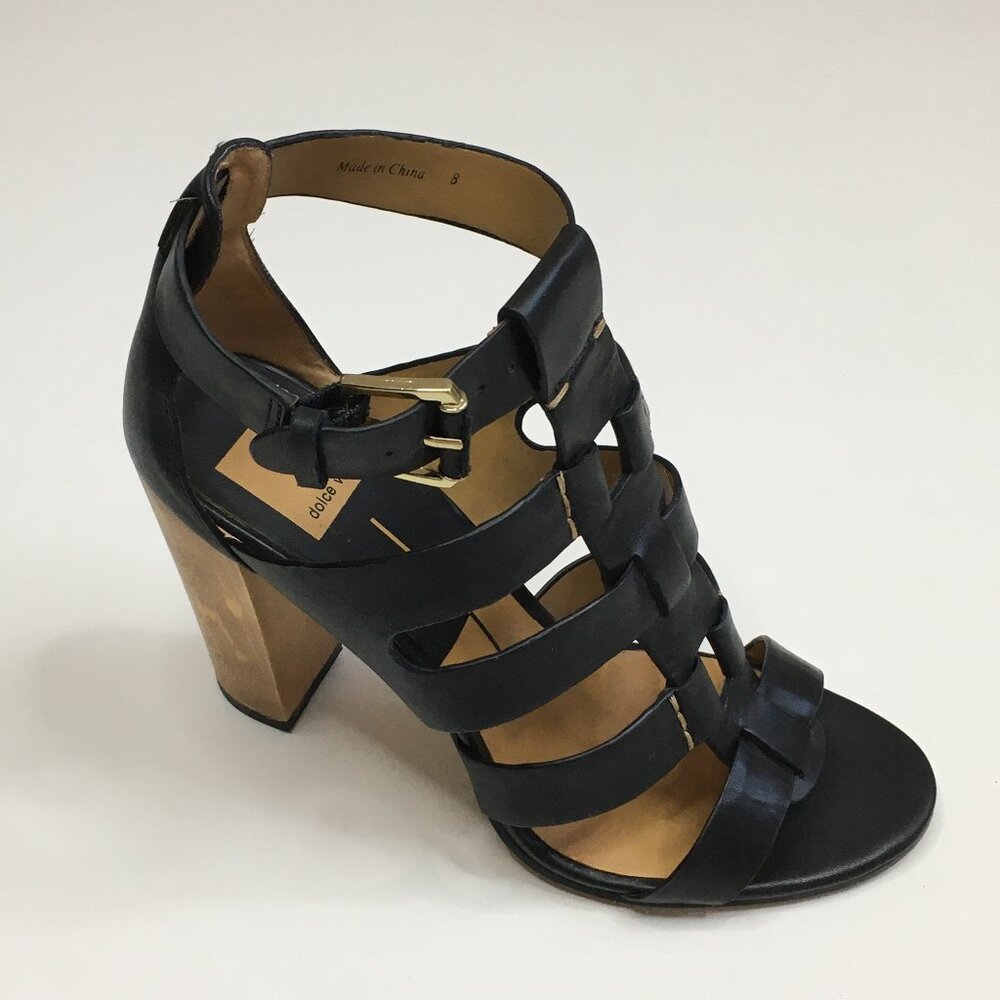 DOLCE VITA Black Leather Beige Block Heel Strappy Heels Shoes